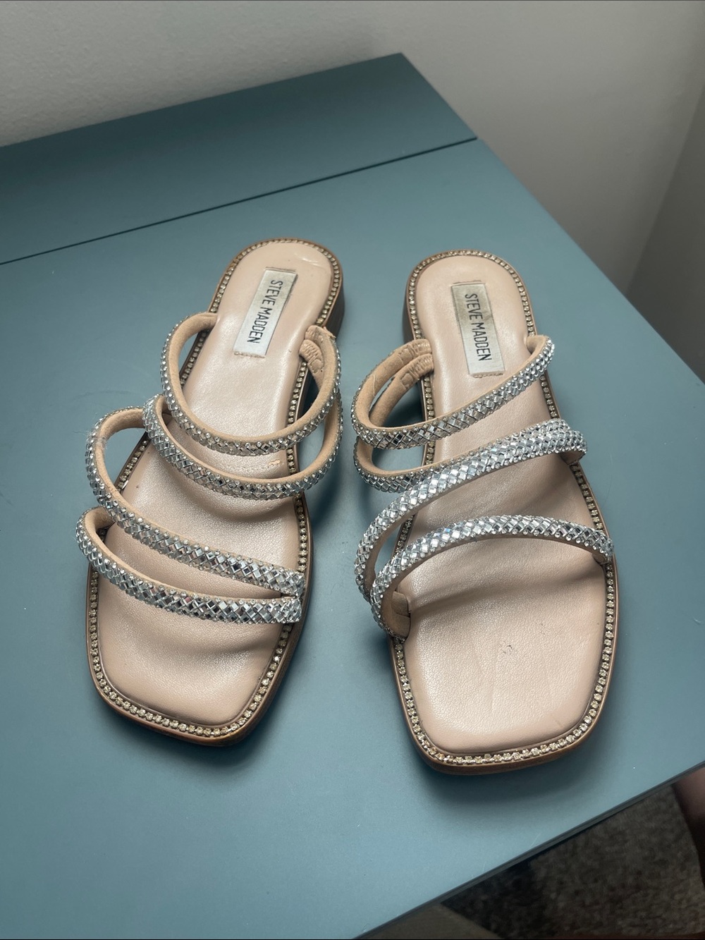 Steve Madden Nude Rhinestone Triple-Strap Slide Sandals